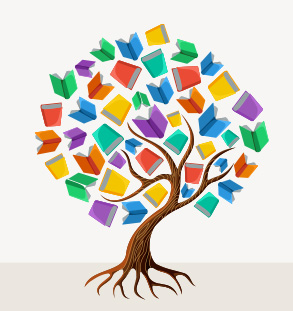 Drawing of a tree with colorful books as leaves